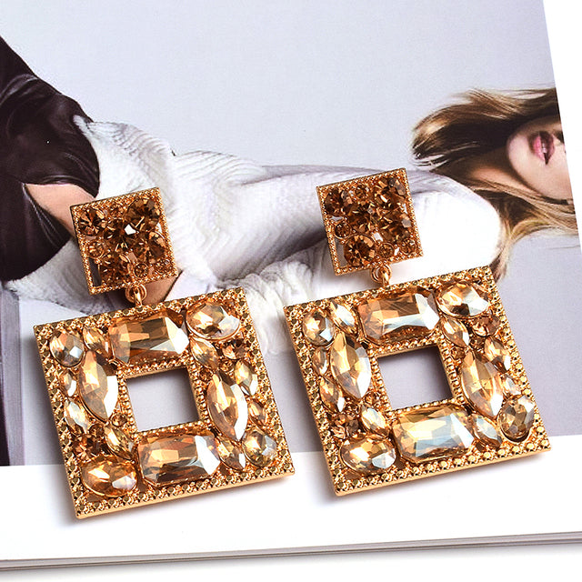 Square Crystal Statement Earrings — Colorful Glass Pendant
