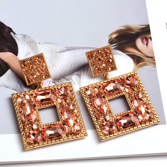Square Crystal Statement Earrings — Colorful Glass Pendant