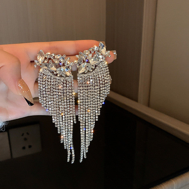 Crystal Cluster Tassel Fringe Drop Earrings | Marquise Rhinestone Statement Earrings