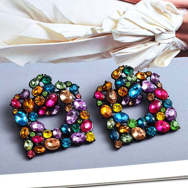 Square Crystal Statement Earrings — Geometric Pendant