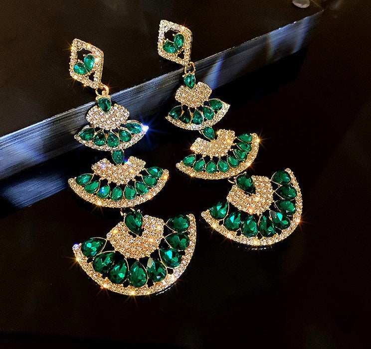 Vintage Geometric Crystal Drop Earrings — Purple & Green
