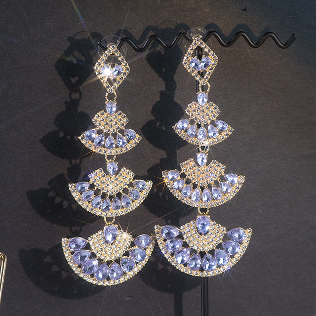 Vintage Geometric Crystal Drop Earrings — Purple & Green