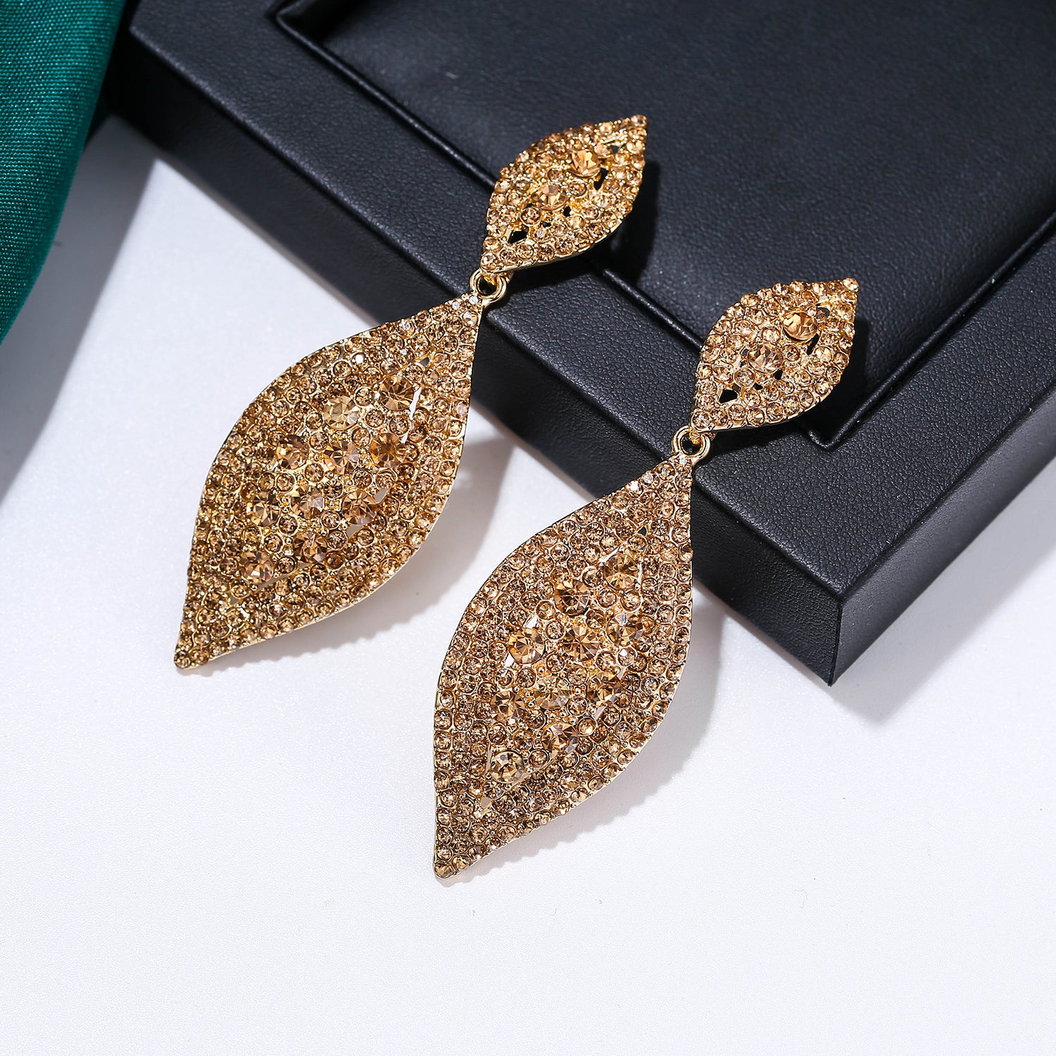 Pavé Double Marquise Leaf Drop Earrings | Crystal Rhinestone Statement Earrings