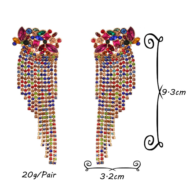 Crystal Floral Cluster Curtain Tassel Earrings | Marquise Rhinestone Chain Drop Earrings
