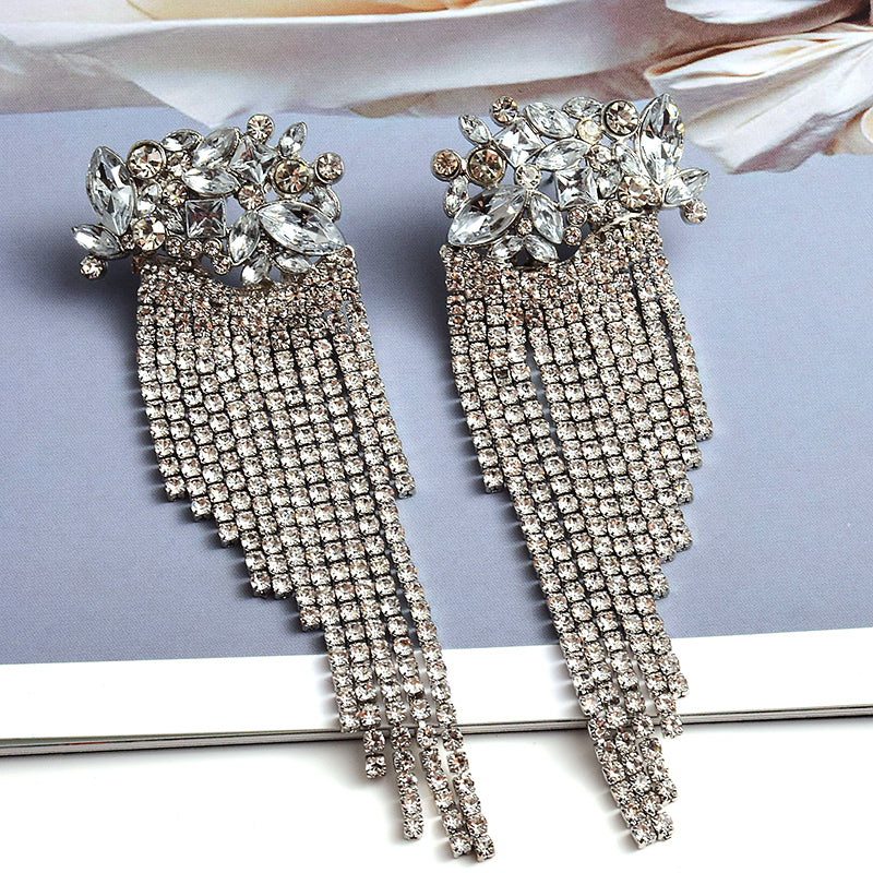 Crystal Floral Cluster Curtain Tassel Earrings | Marquise Rhinestone Chain Drop Earrings