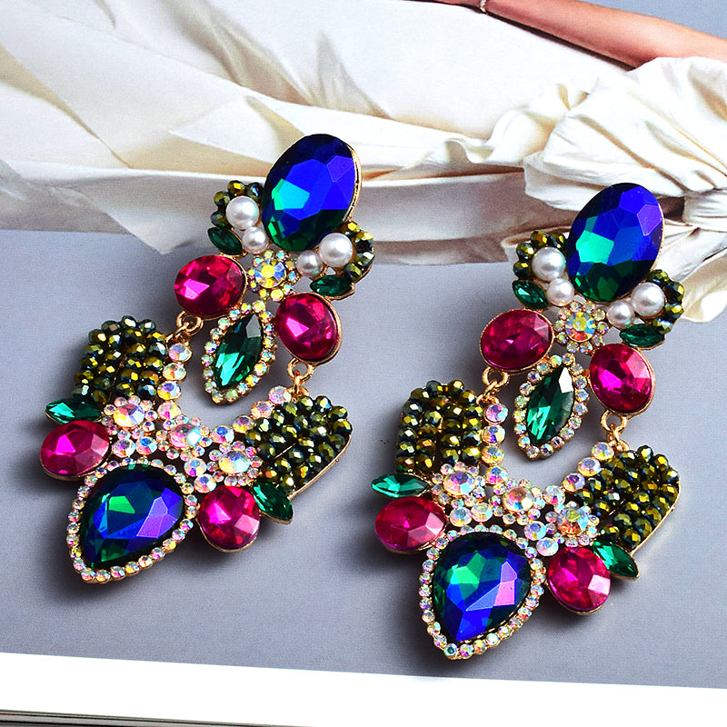 Long Geometric Glass Crystal Earrings — Colorful Statement Drop