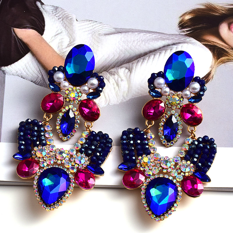 Long Geometric Glass Crystal Earrings — Colorful Statement Drop