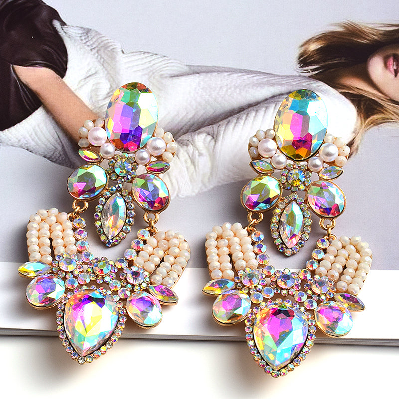 Long Geometric Glass Crystal Earrings — Colorful Statement Drop