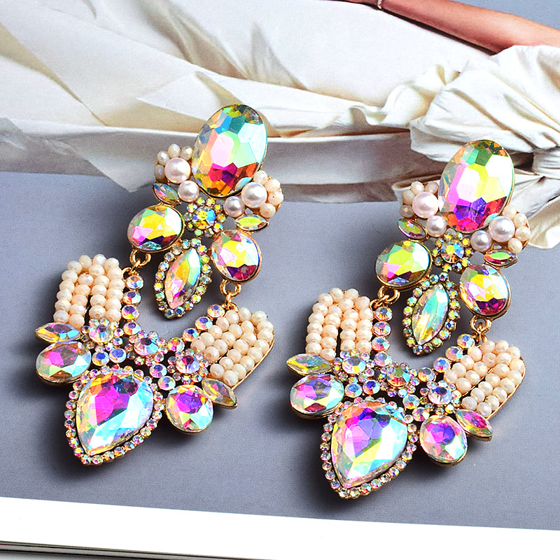Long Geometric Glass Crystal Earrings — Colorful Statement Drop