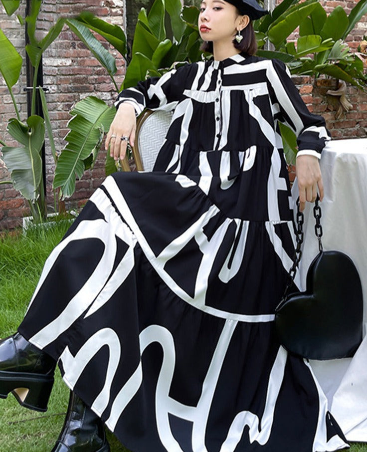 Black and White Printed Oversized Dress