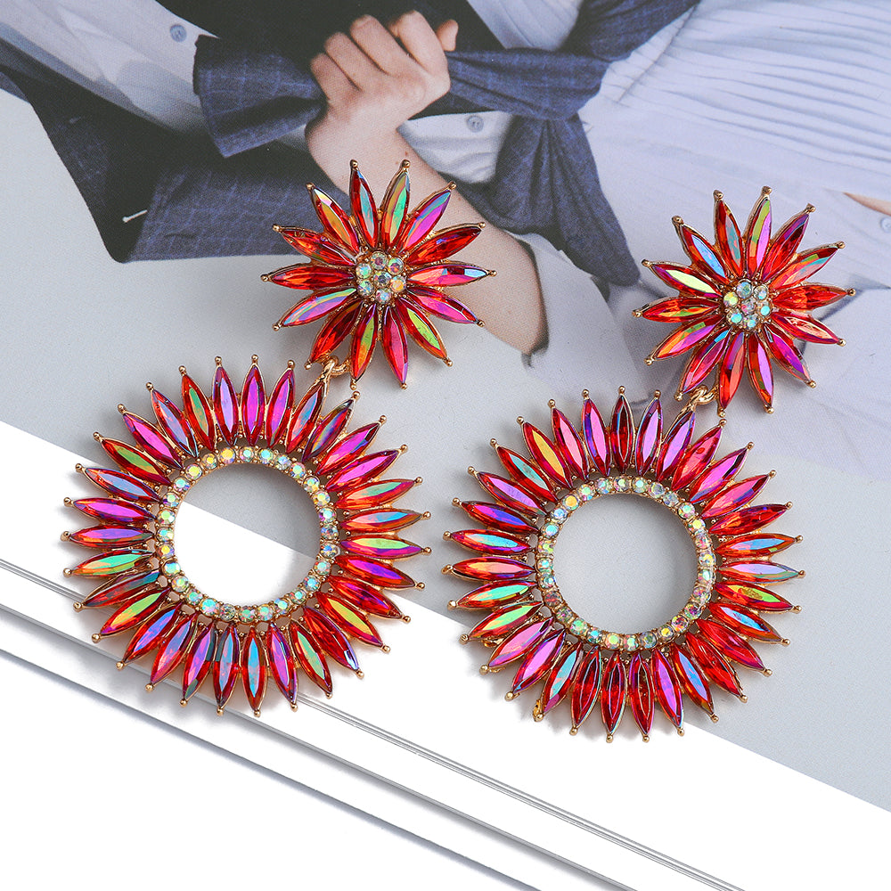 Round Boho Flower Crystal Earrings — Colorful Statement