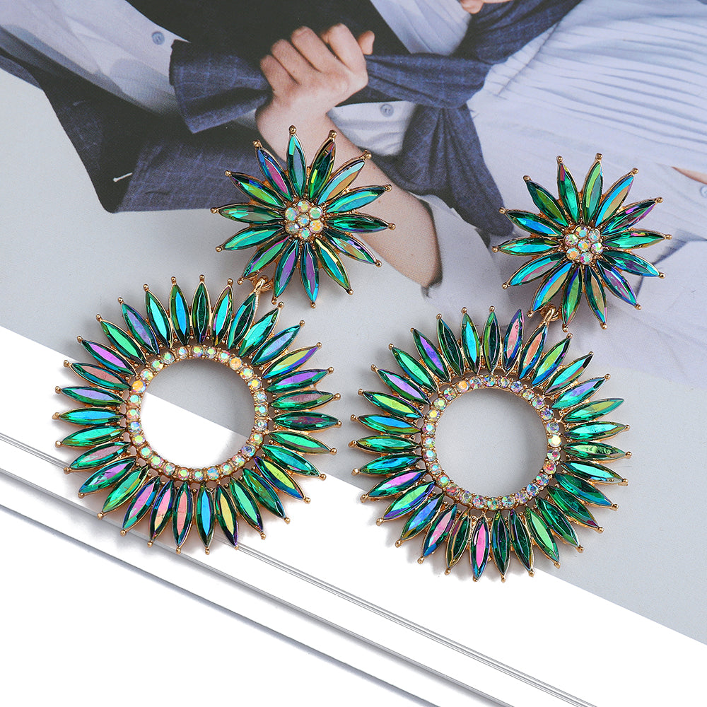 Round Boho Flower Crystal Earrings — Colorful Statement