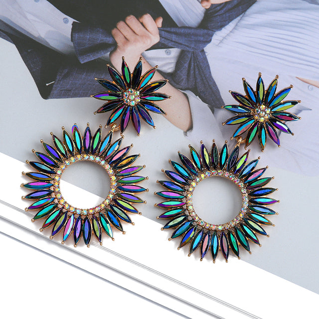 Round Boho Flower Crystal Earrings — Colorful Statement