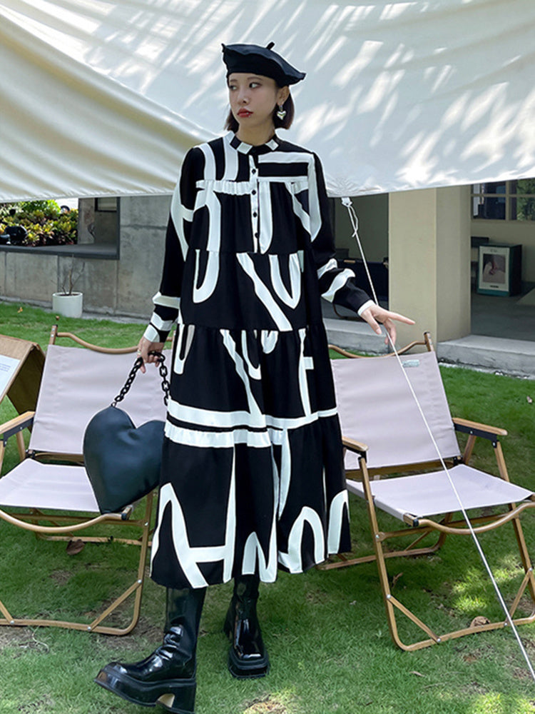 Printed Oversized Midi Dress — Stand Neck Long Sleeve
