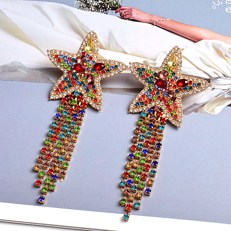 Crystal Star Tassel Drop Earrings — Multicolor Rhinestone Fringe