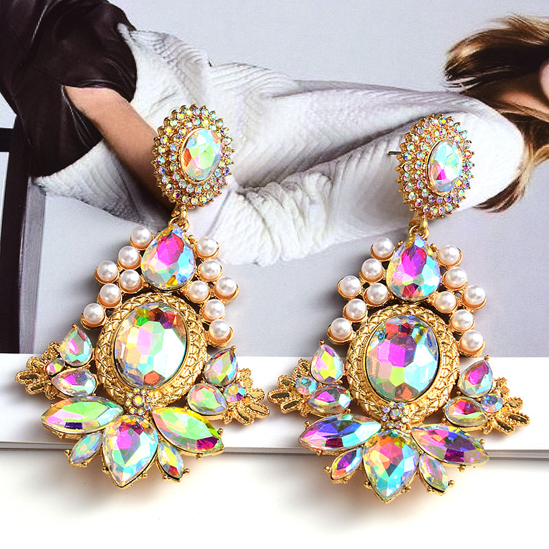 Geometric Glass Crystal Statement Earrings — Colorful Drop