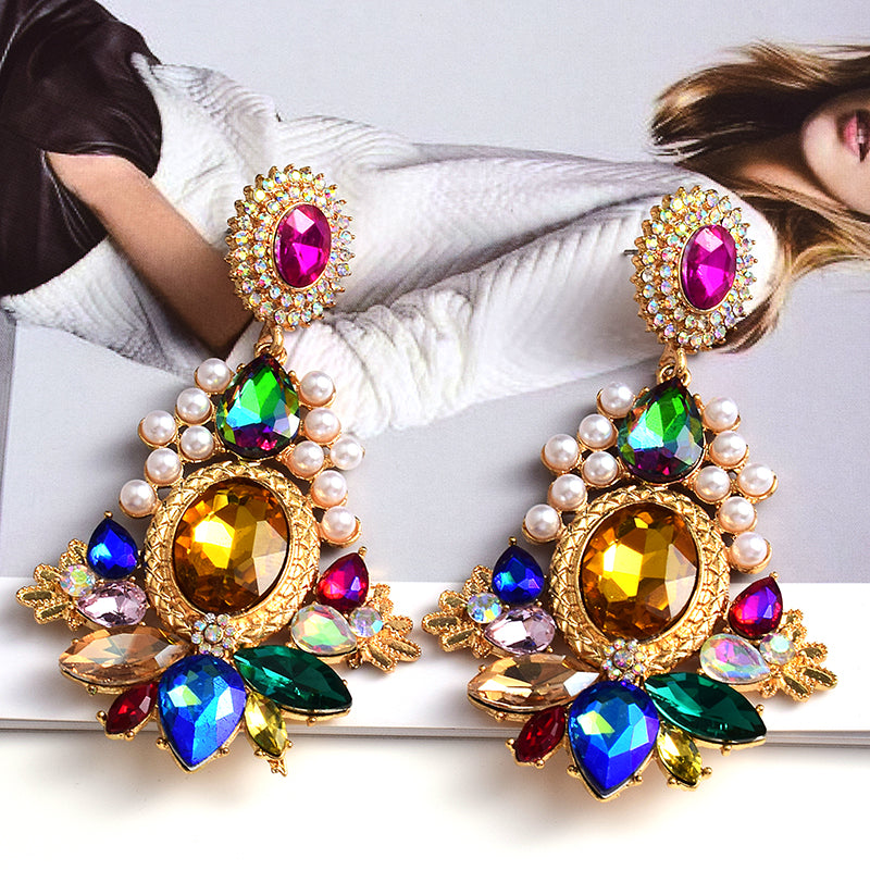 Geometric Glass Crystal Statement Earrings — Colorful Drop