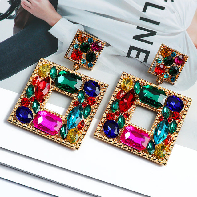 Handmade Square Crystal Drop Earrings — Waterproof & Hypoallergenic